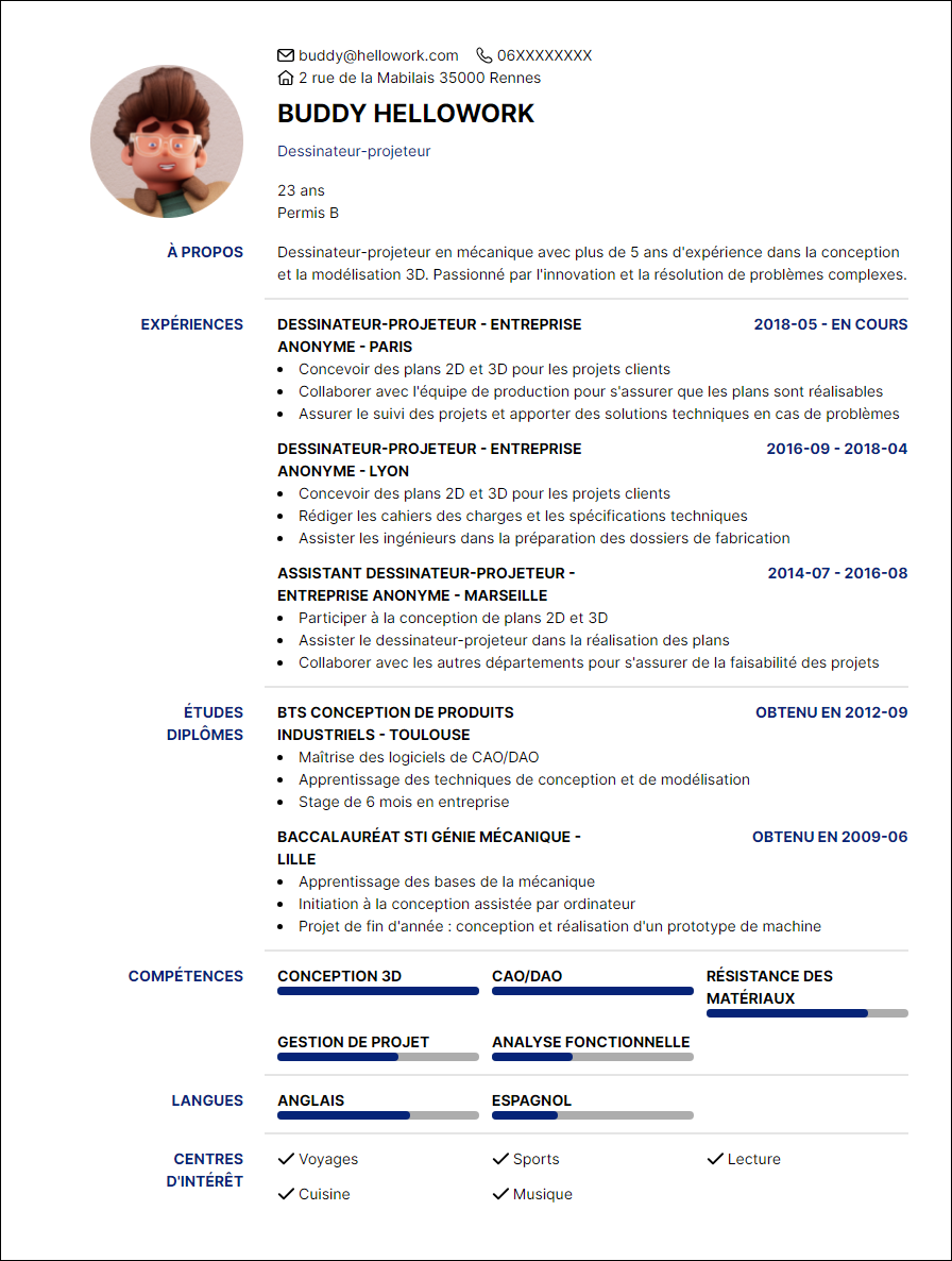 Modèle CV Dessinateur projeteur mécanique Exemple CV Dessinateur projeteur mécanique