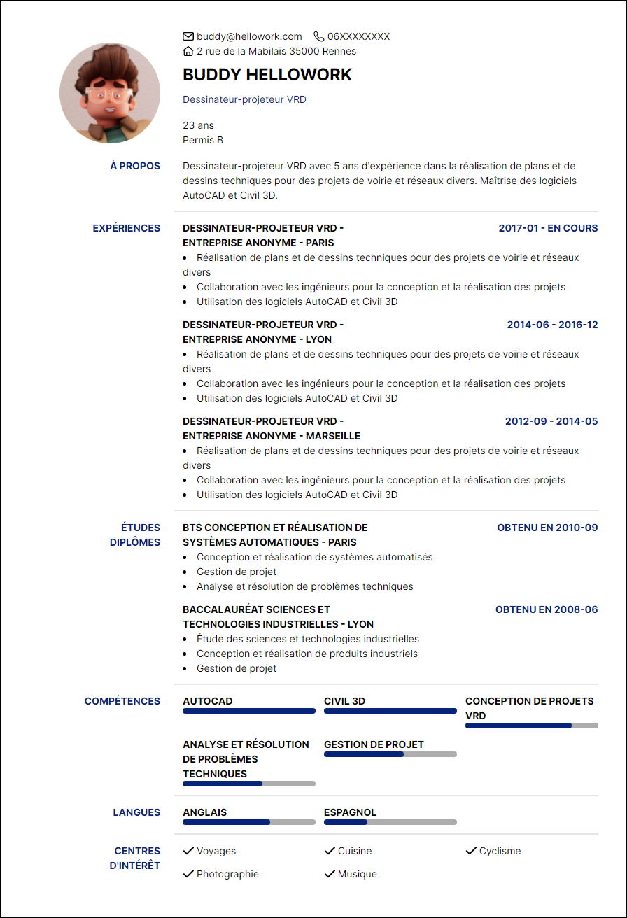Modèle CV Projeteur VRD Exemple CV Projeteur VRD