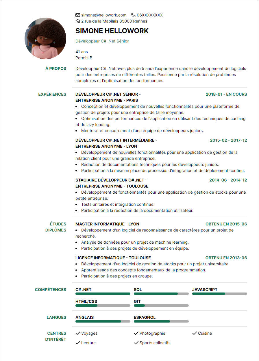 Modèle CV Développeur dotNet Exemple CV Développeur dotNet