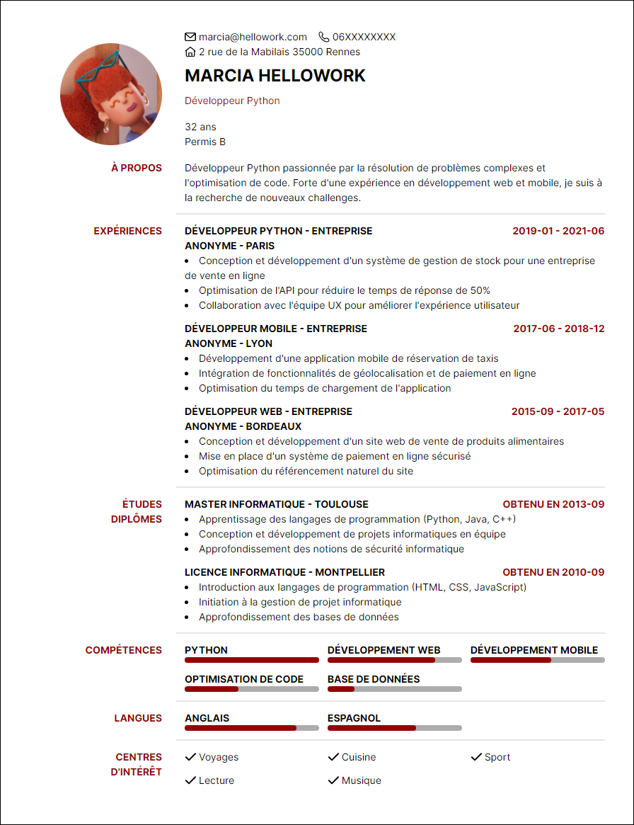 Modèle CV Développeur Python Exemple CV Développeur Python