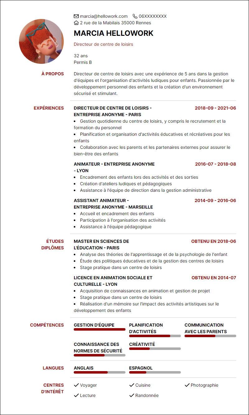 Modèle CV Directeur de centre de loisirs Exemple CV Directeur de centre de loisirs