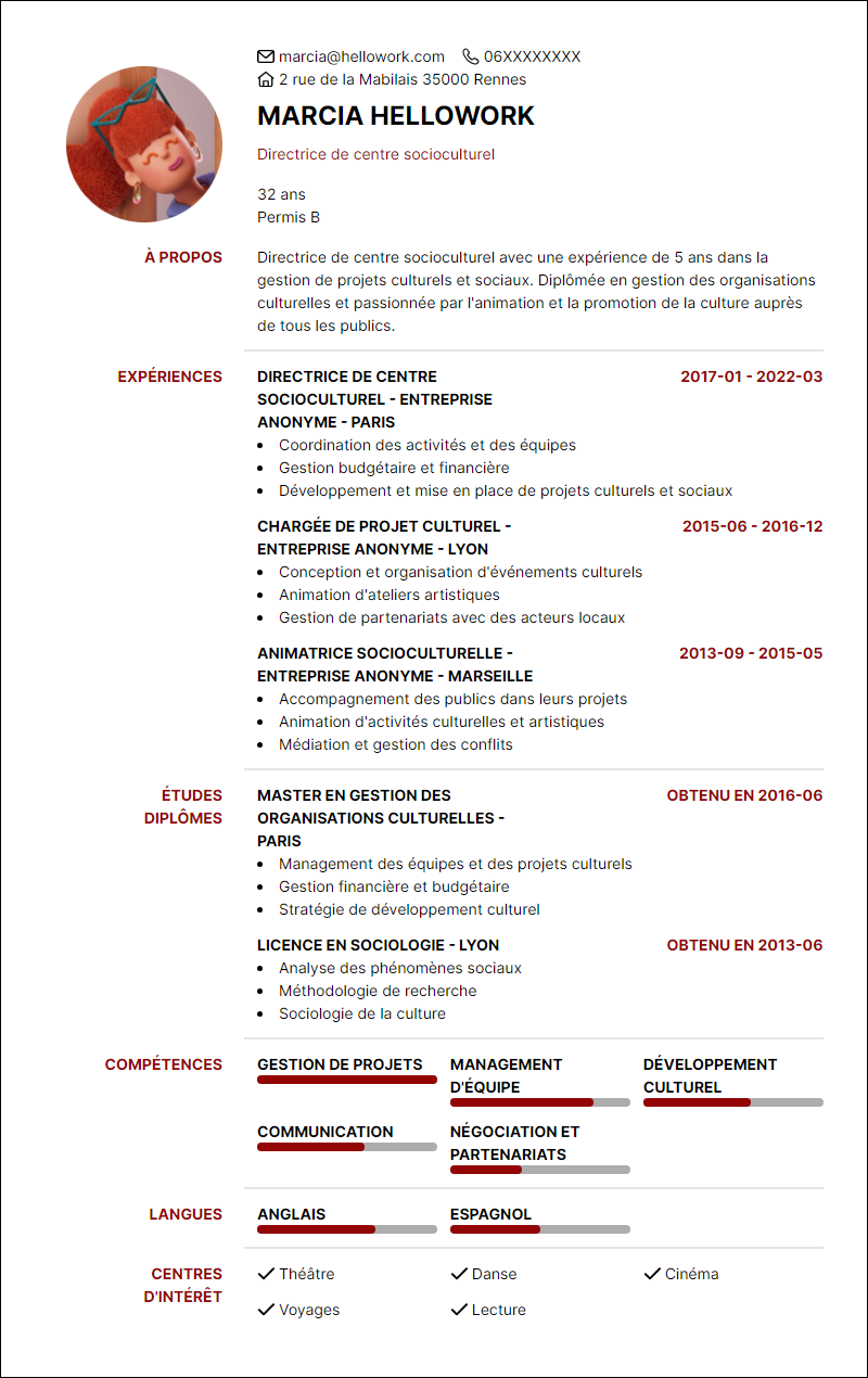 Modèle CV Directeur de centre socioculturel Exemple CV Directeur de centre socioculturel