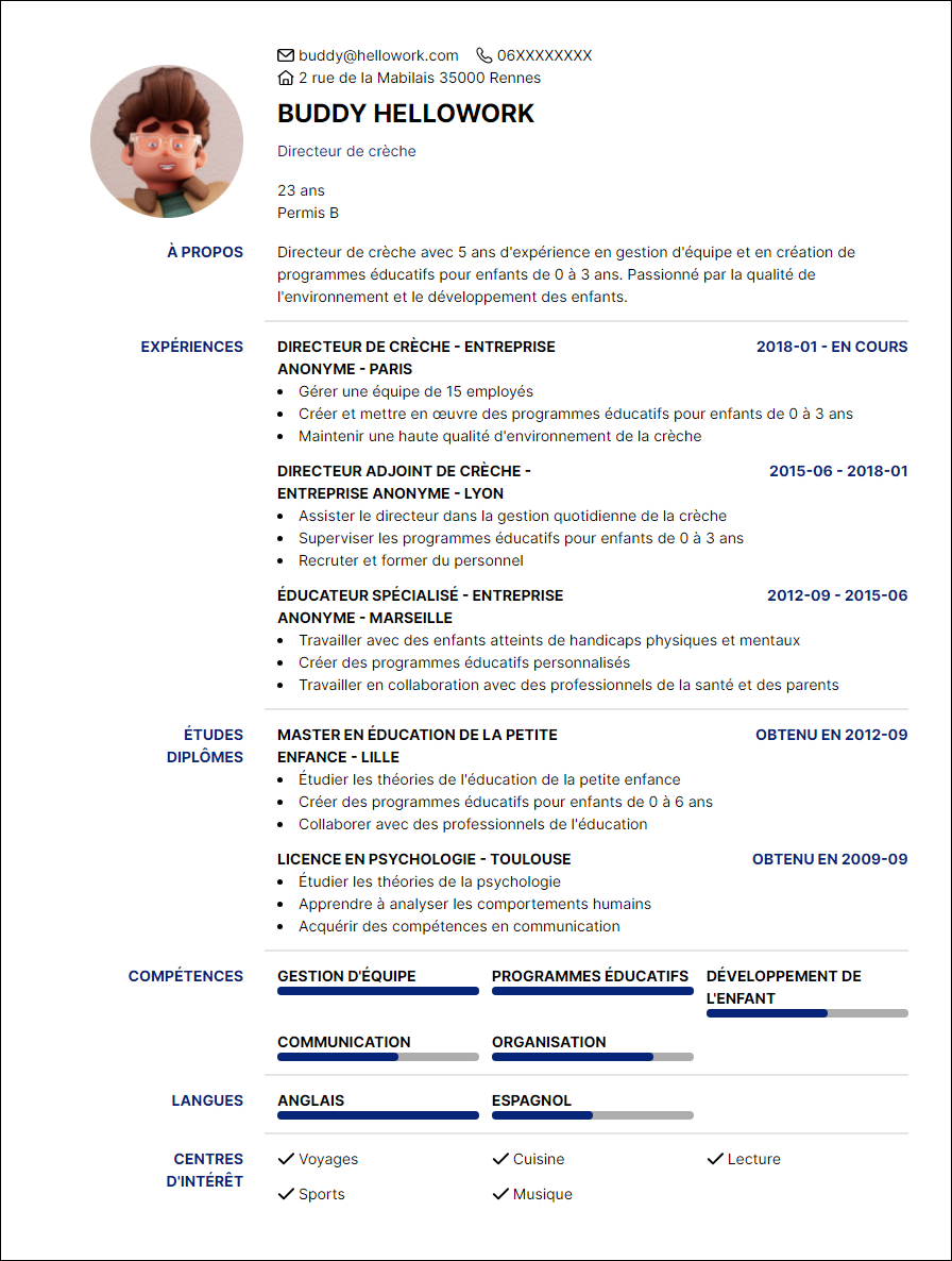 Modèle CV Directrice de crèche Exemple CV Directrice de crèche