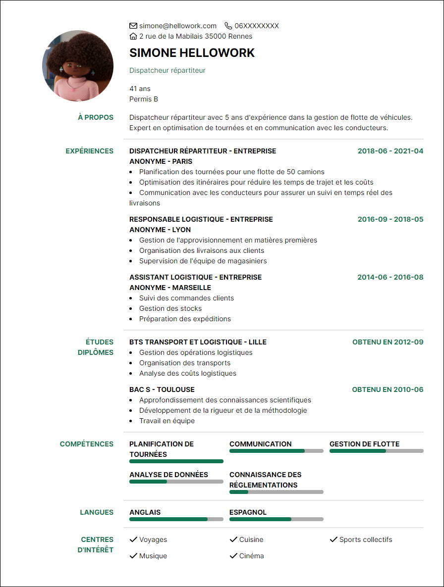 Modèle CV Dispatcheur Exemple CV Dispatcheur