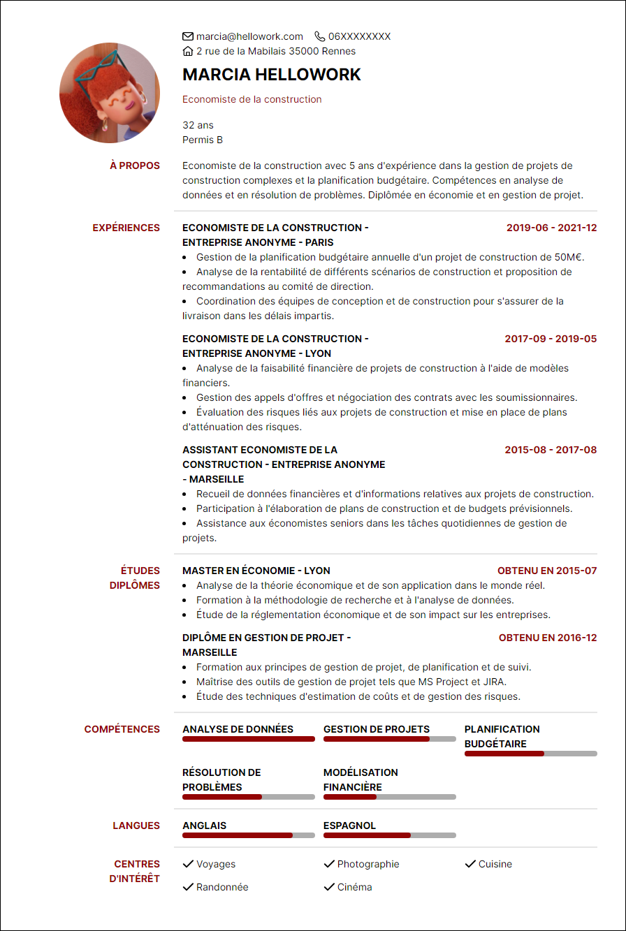 Exemple CV Economiste de la construction