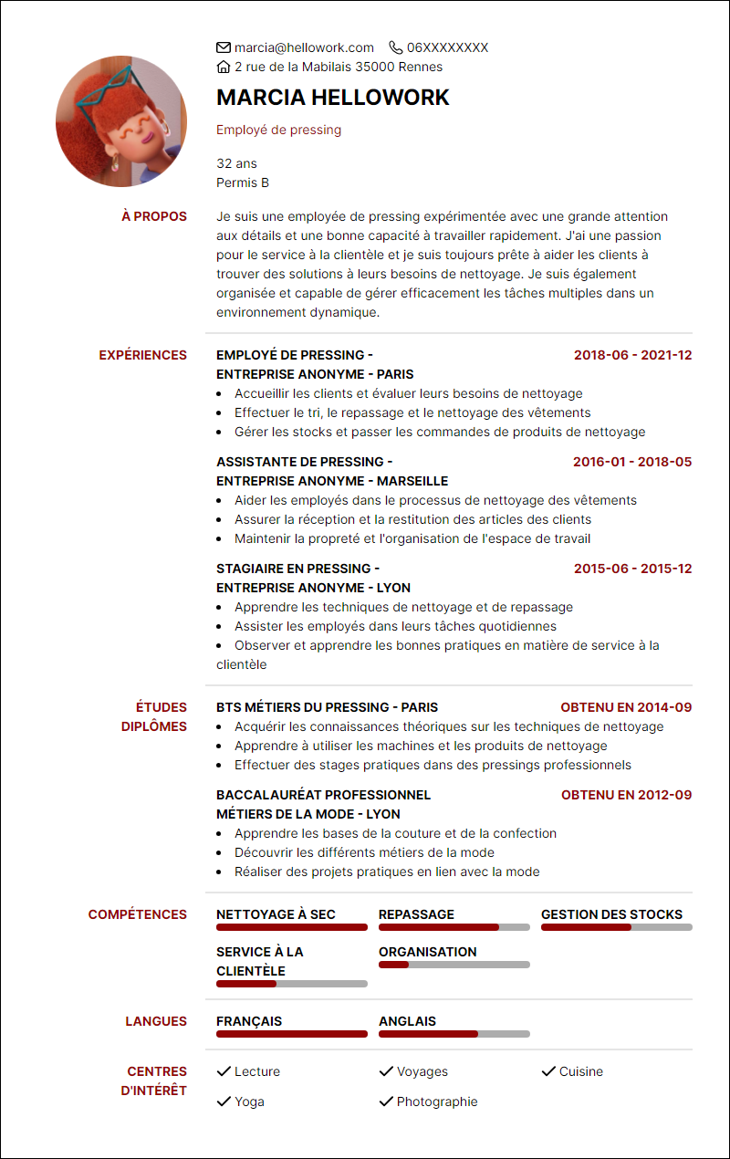 Modèle CV Employé de pressing Exemple CV Employé de pressing