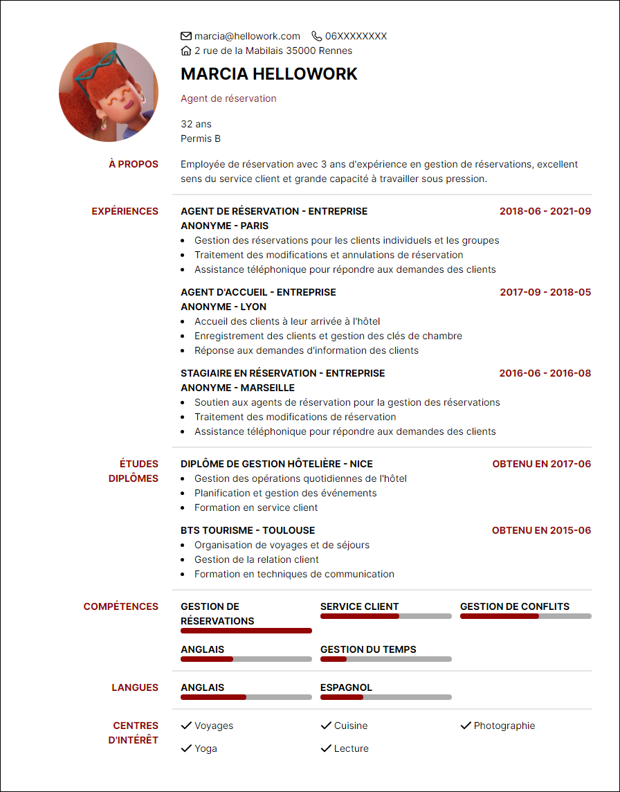 Modèle CV Agent de réservation Exemple CV Agent de réservation