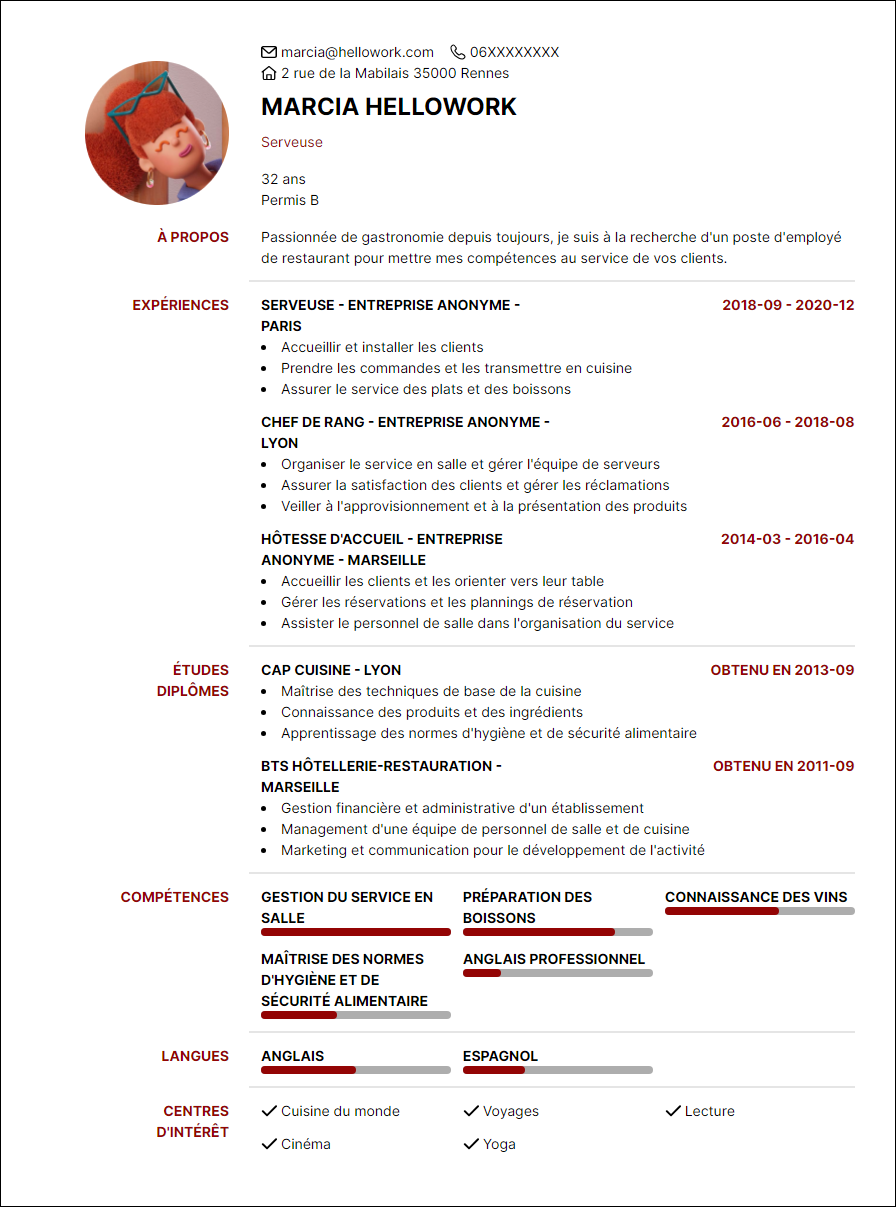 Modèle CV Employé de restaurant Exemple CV Employé de restaurant