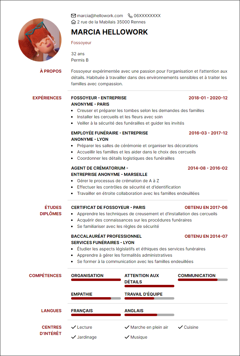 Modèle CV Fossoyeur Exemple CV Fossoyeur