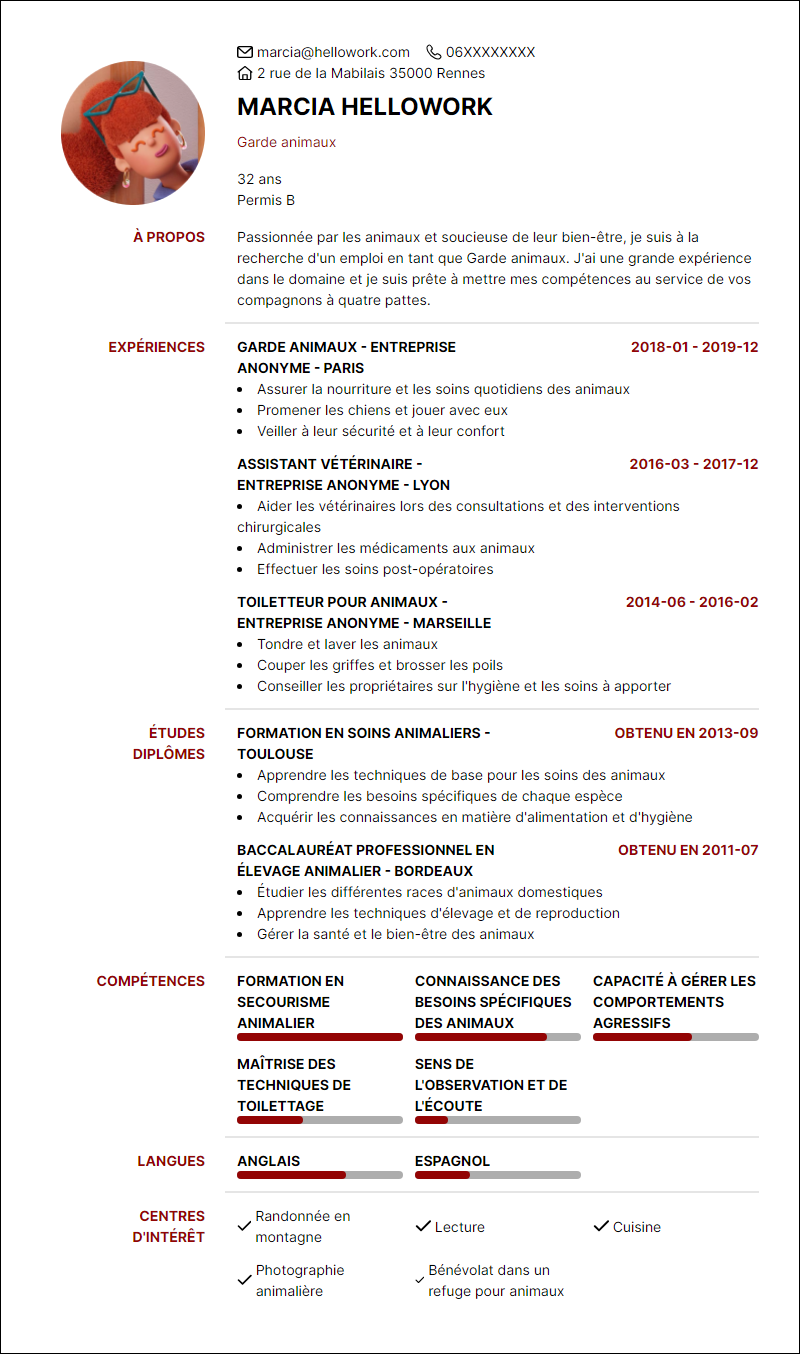 Modèle CV Garde animaux Exemple CV Garde animaux