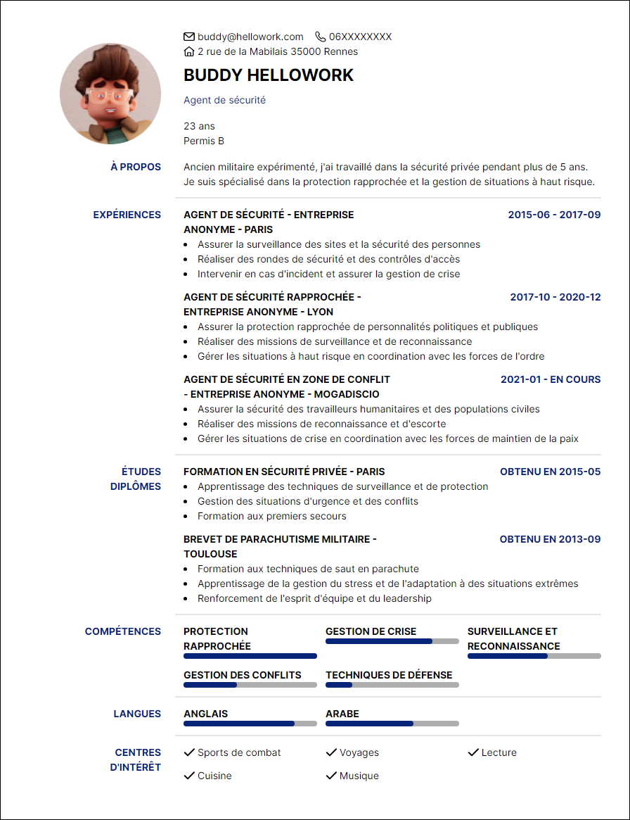 Modèle CV Garde du corps Exemple CV Garde du corps