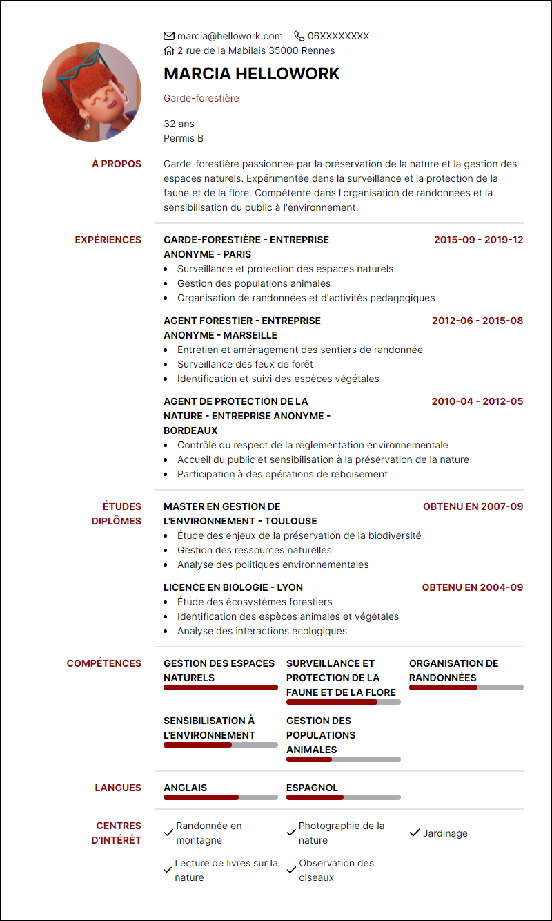 Modèle CV Garde-forestier Exemple CV Garde-forestier