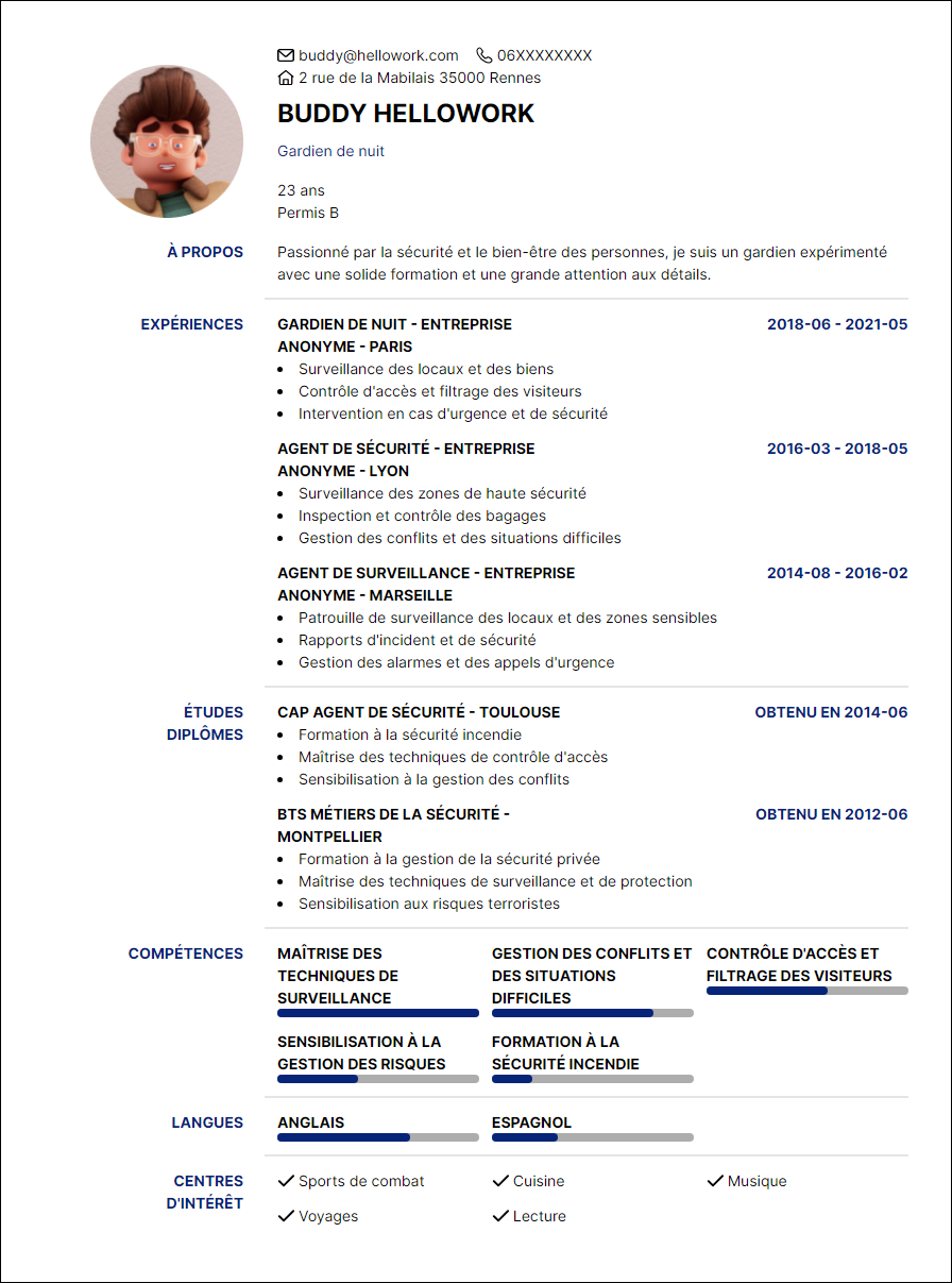 Modèle CV Gardien Exemple CV Gardien