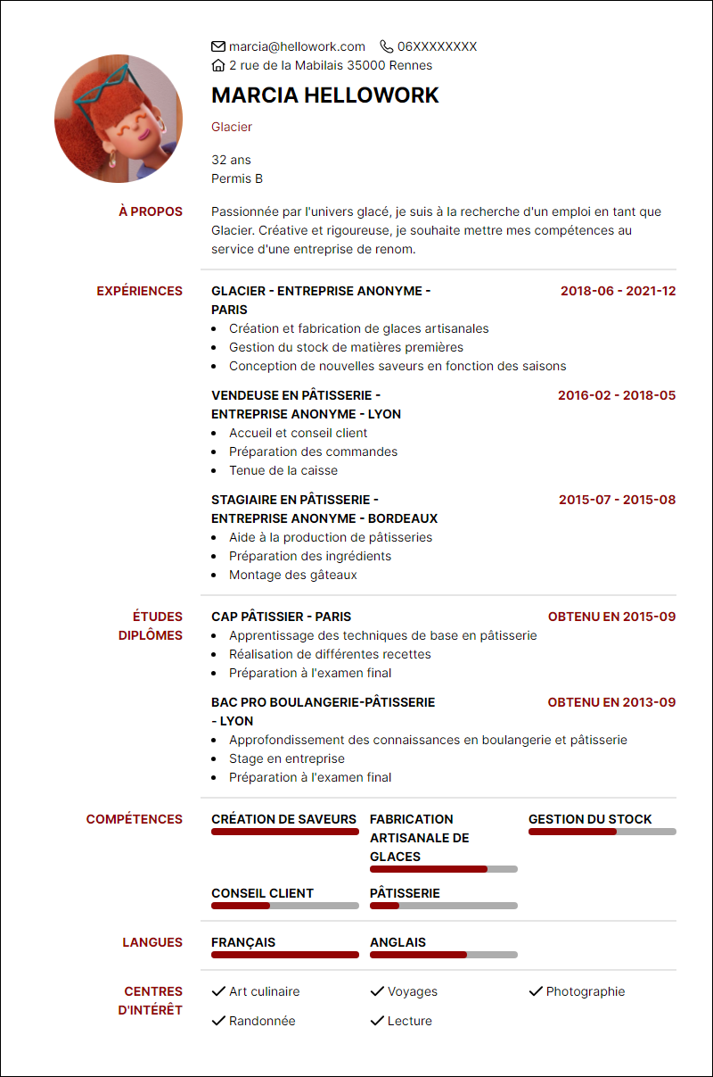 Modèle CV Glacier Exemple CV Glacier