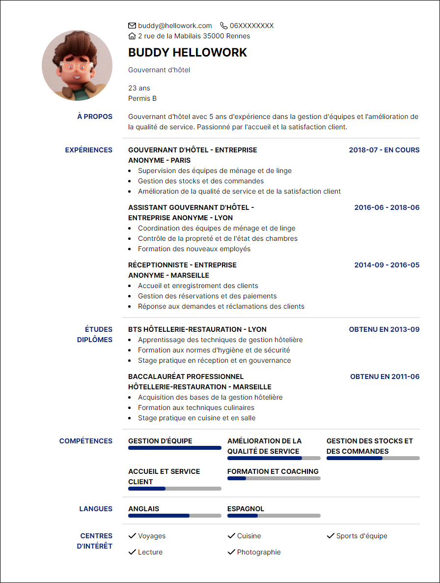 Modèle CV Gouvernant d'hôtel Exemple CV Gouvernant d'hôtel