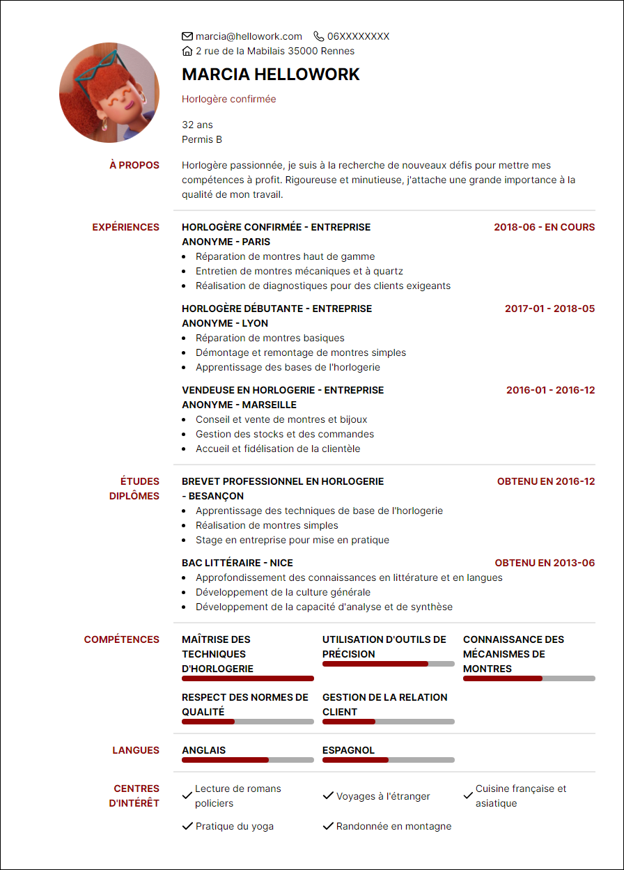 Modèle CV Horloger Exemple CV Horloger