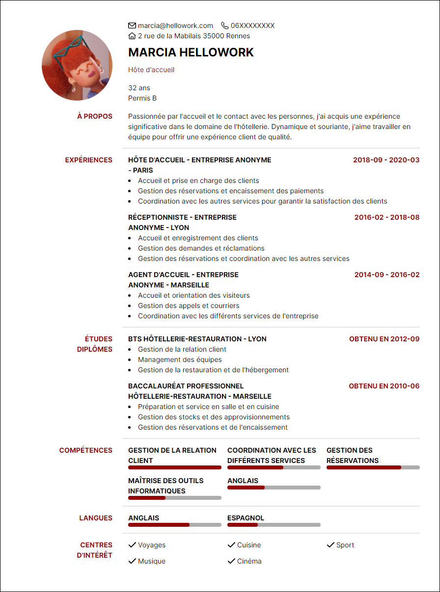 Modèle CV Hôtesse d'accueil Exemple CV Hôtesse d'accueil