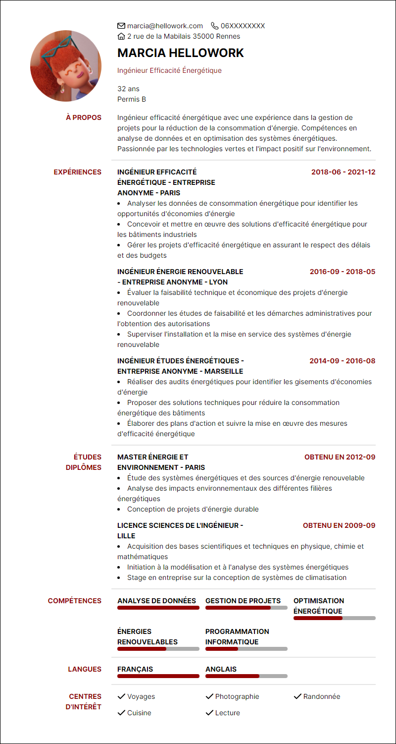 Exemple CV Ingénieur efficacité énergétique
