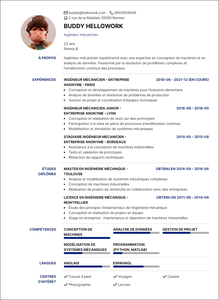 Modèle CV Ingénieur en mécanique Exemple CV Ingénieur en mécanique