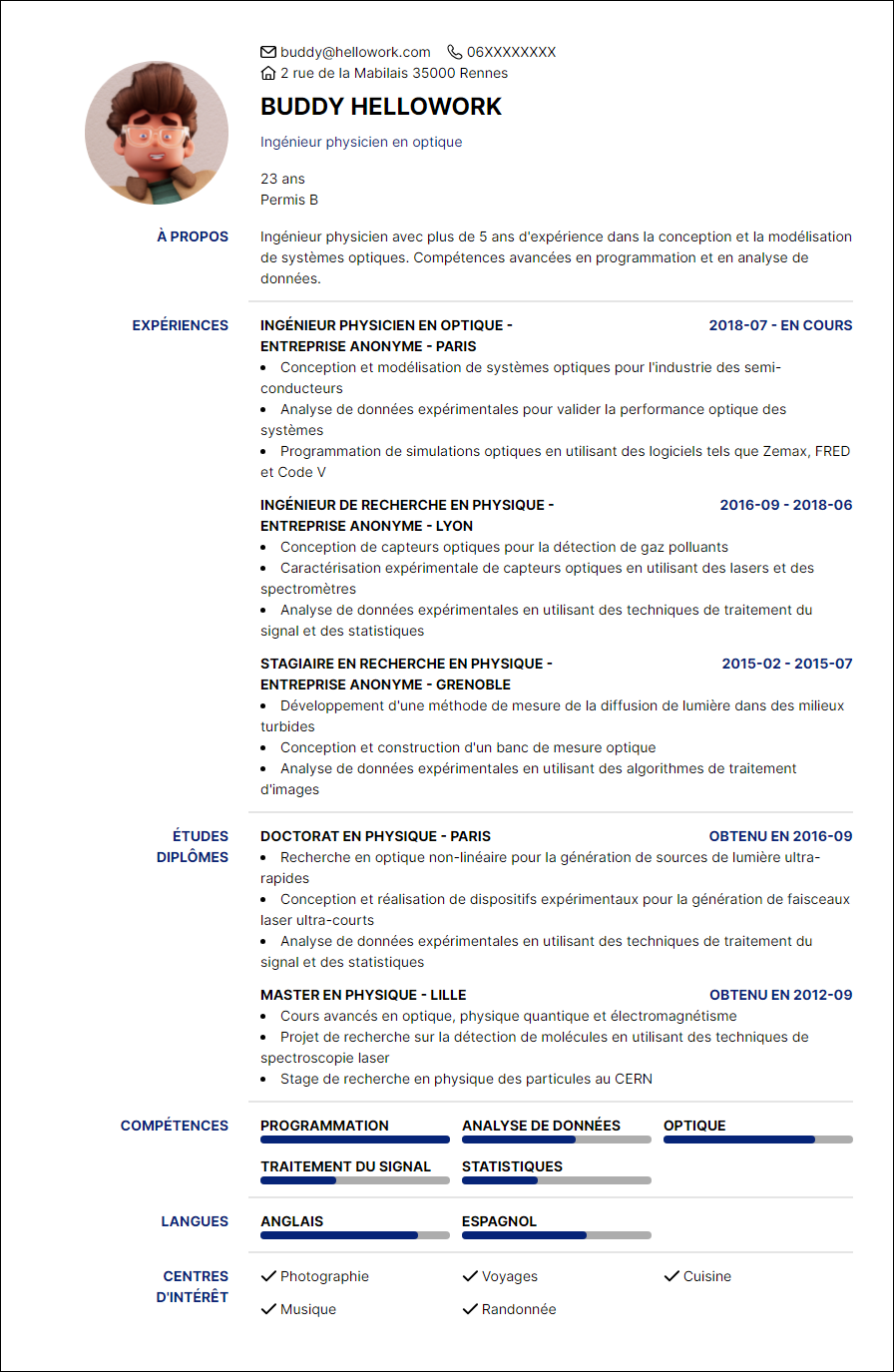 Modèle CV Ingénieur physicien Exemple CV Ingénieur physicien