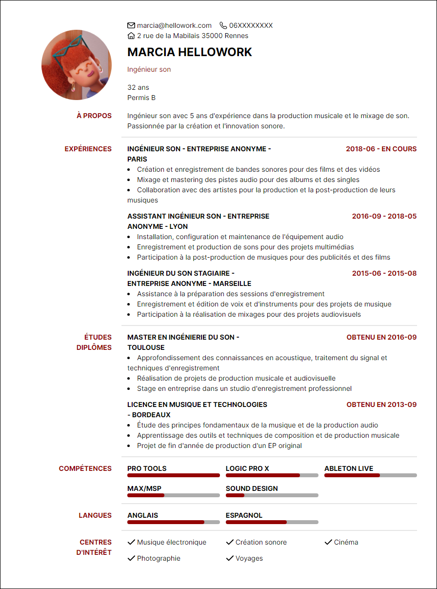 Modèle CV Ingénieur du son Exemple CV Ingénieur du son