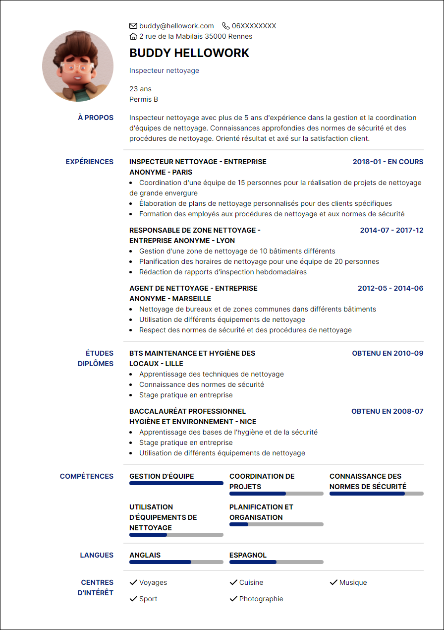Modèle CV Inspecteur nettoyage Exemple CV Inspecteur nettoyage