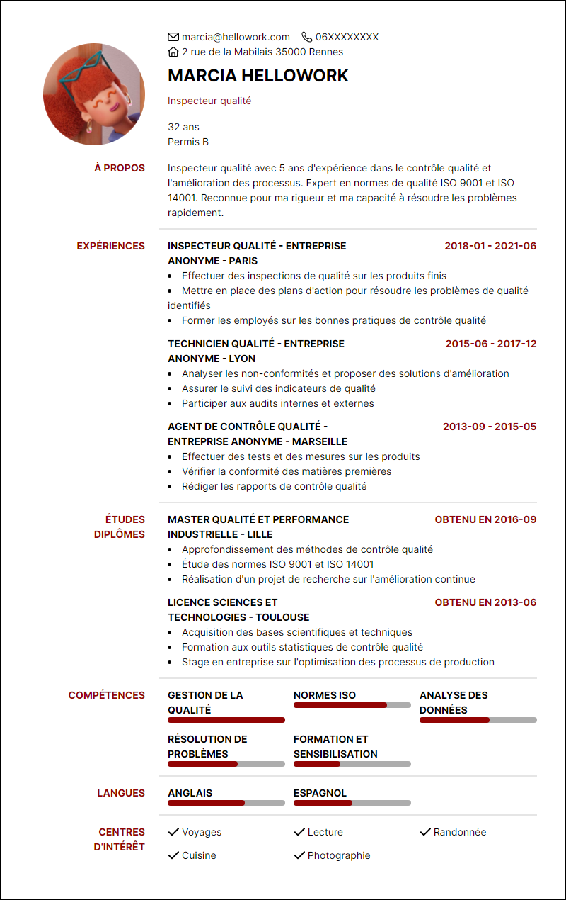Modèle CV Inspecteur qualité Exemple CV Inspecteur qualité
