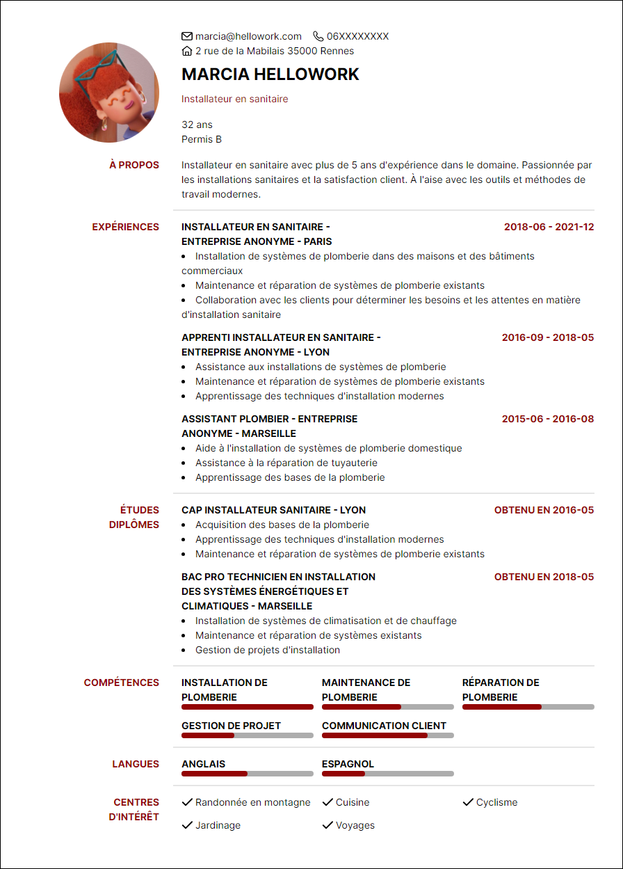 Modèle CV Installateur sanitaire Exemple CV Installateur sanitaire