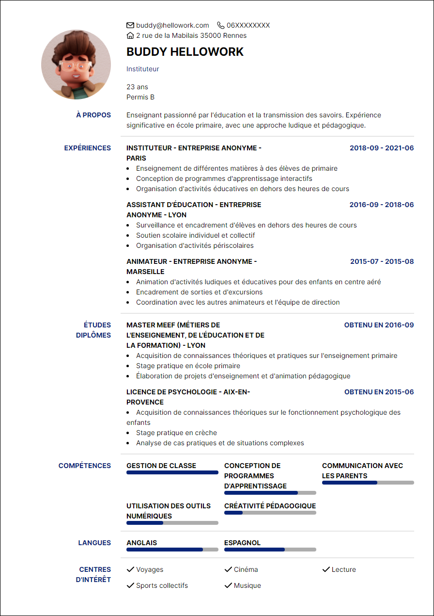 Modèle CV Instituteur Exemple CV Instituteur