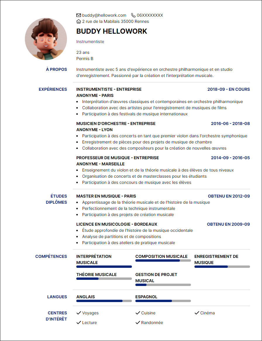 Modèle CV Instrumentiste Exemple CV Instrumentiste
