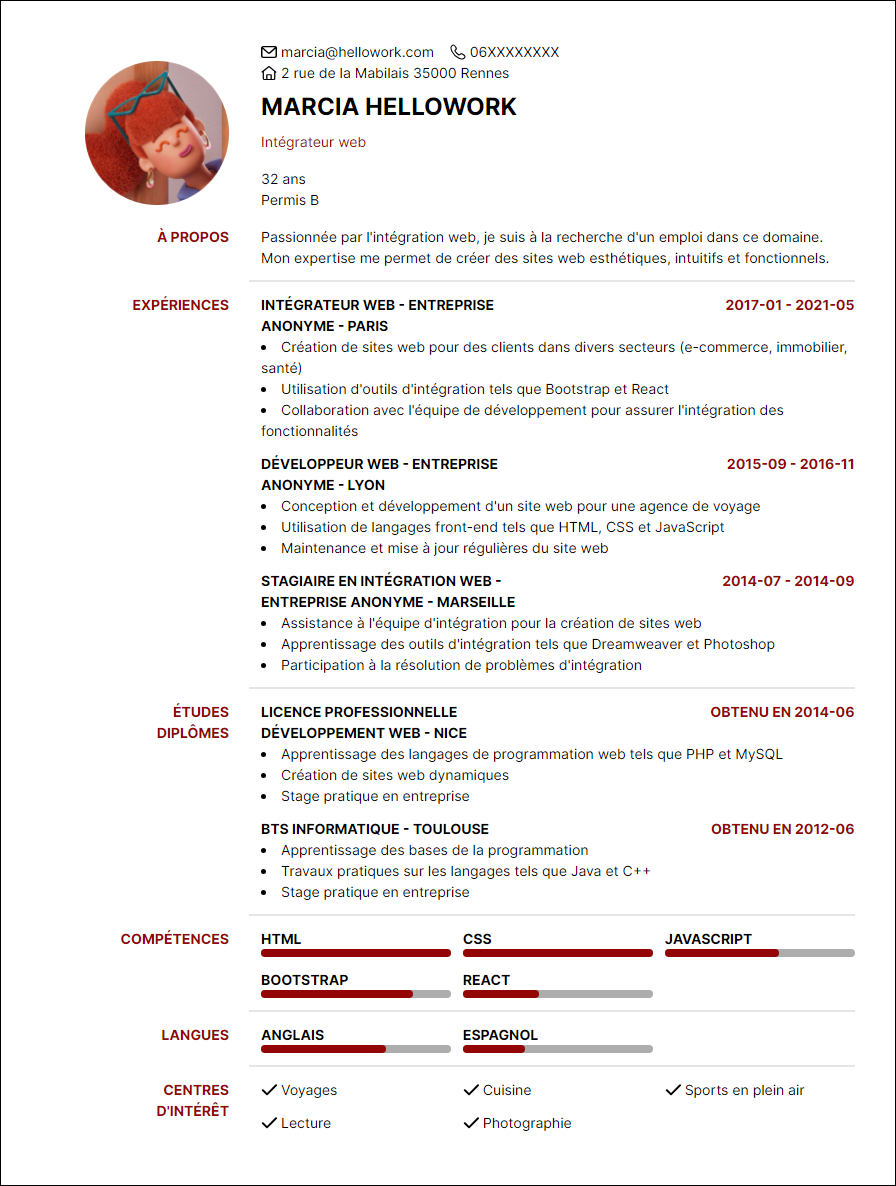 Modèle CV Intégrateur web Exemple CV Intégrateur web