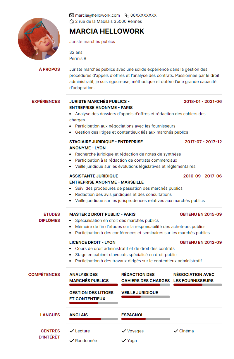Modèle CV Juriste marchés publics Exemple CV Juriste marchés publics
