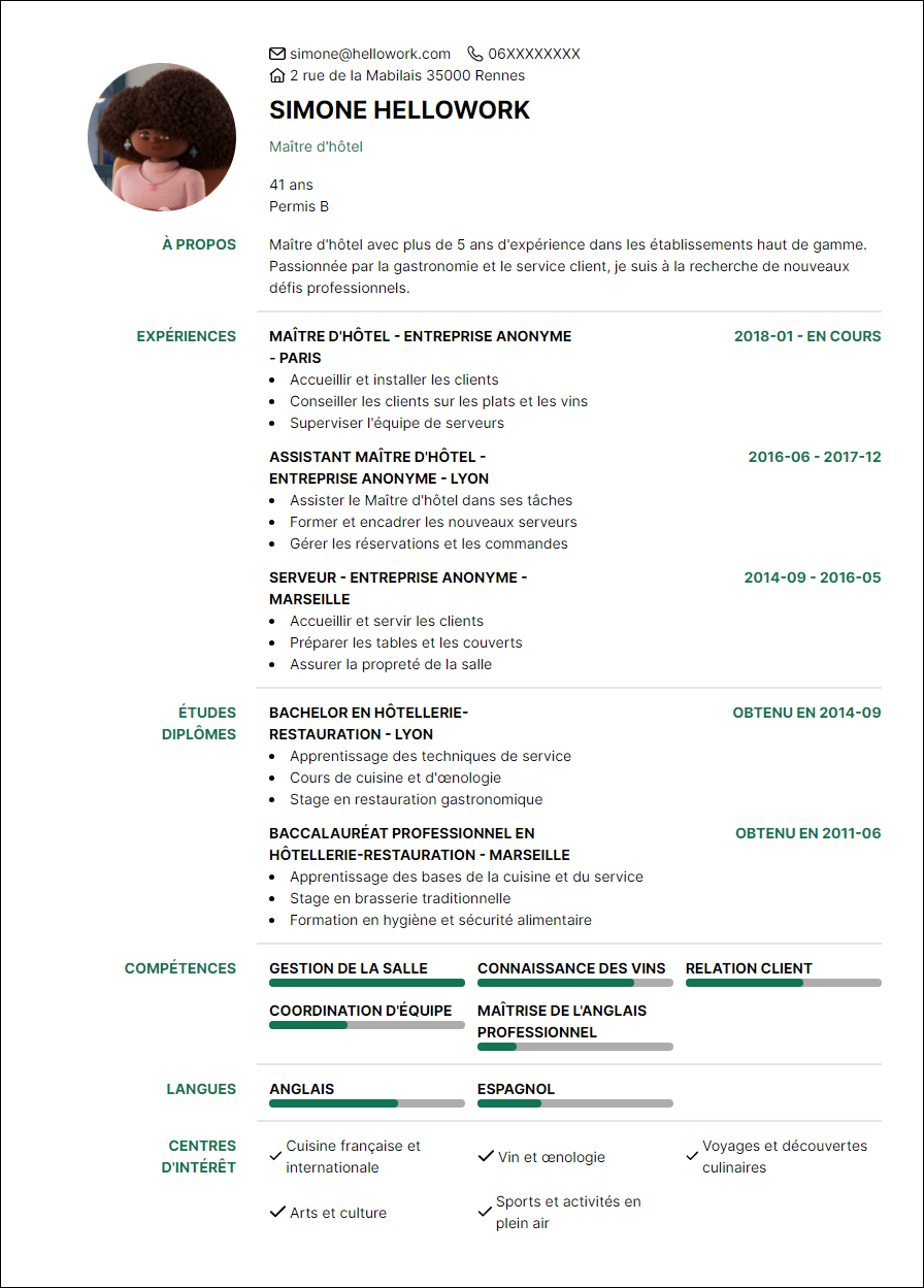 Modèle CV Maître d'hôtel Exemple CV Maître d'hôtel