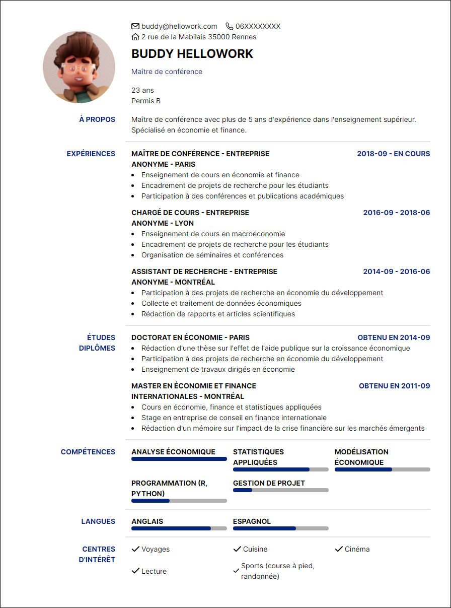Modèle CV Maître de conférence Exemple CV Maître de conférence