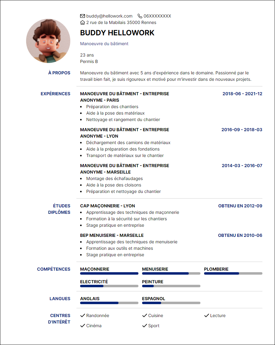 Modèle CV Ouvrier du bâtiment Exemple CV Ouvrier du bâtiment