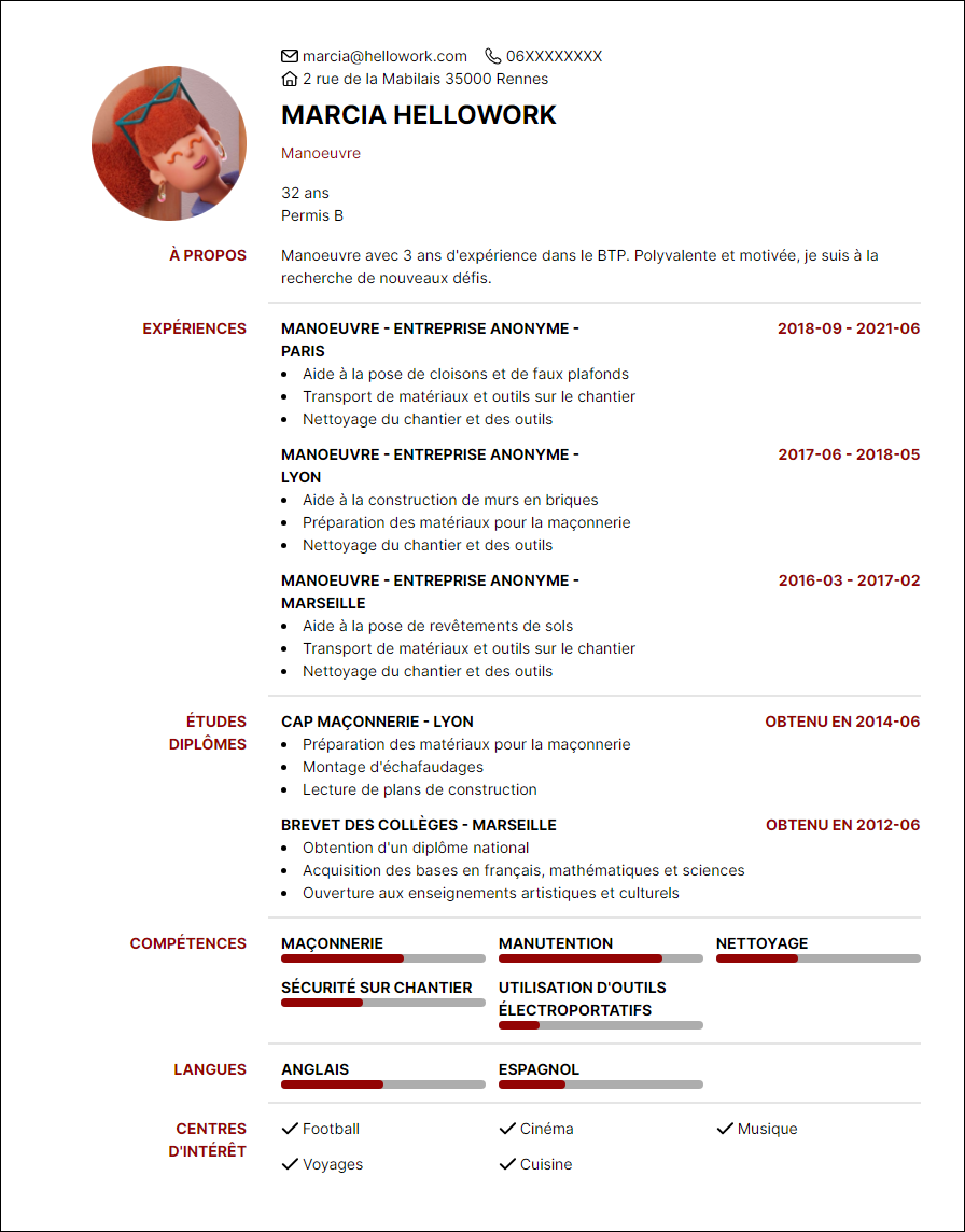 Modèle CV Manoeuvre Exemple CV Manoeuvre