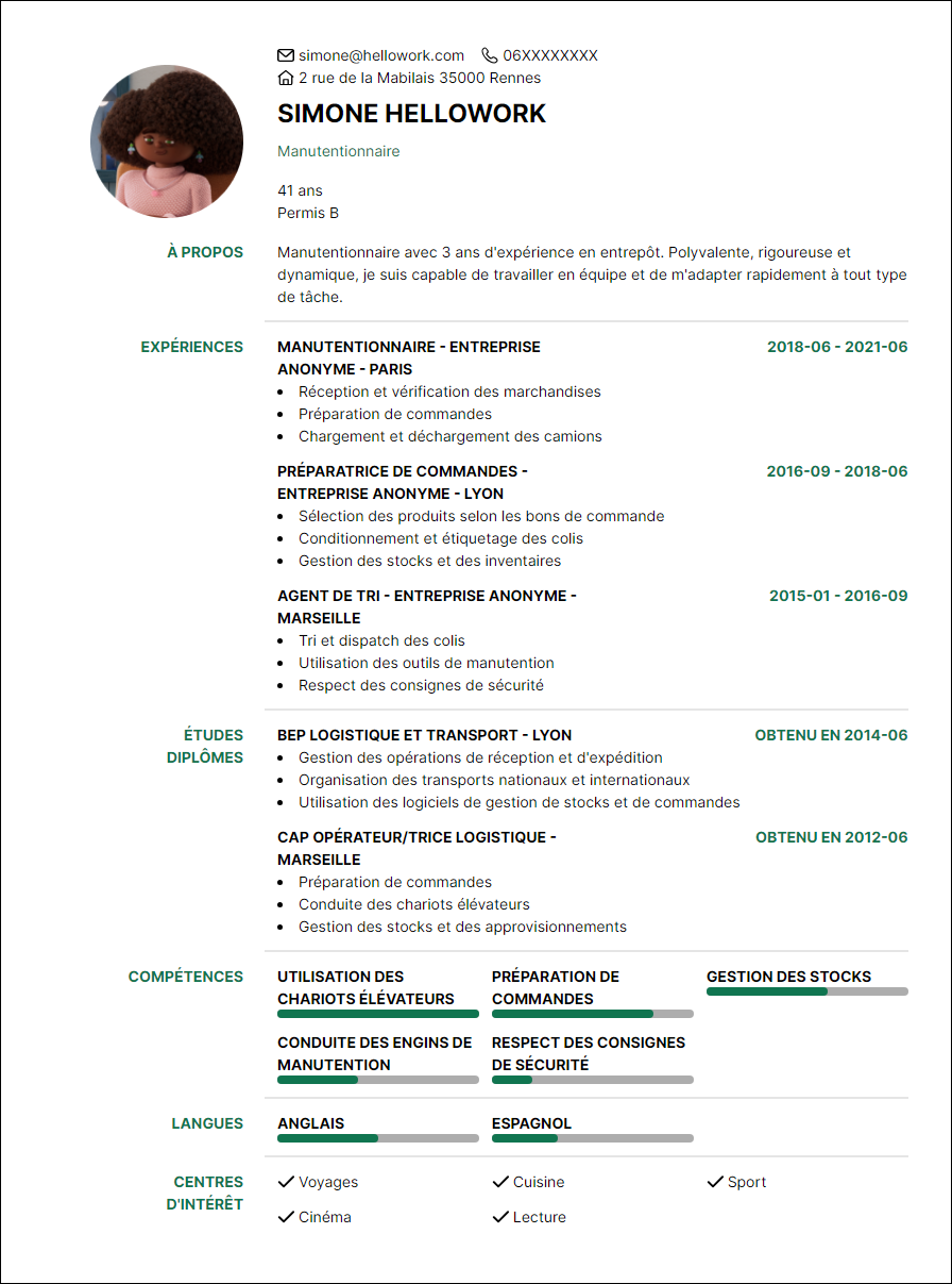 Modèle CV Manutentionnaire Exemple CV Manutentionnaire