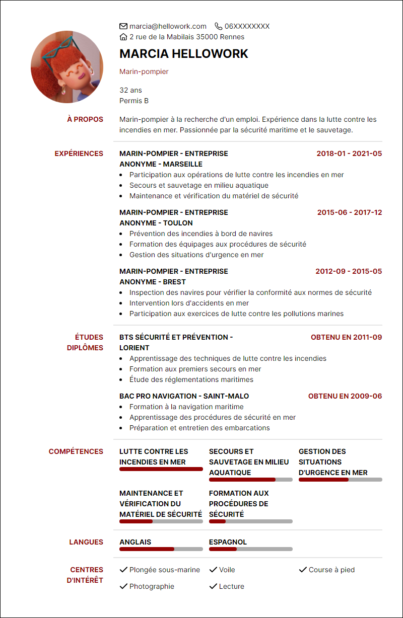Modèle CV Marin-pompier Exemple CV Marin-pompier