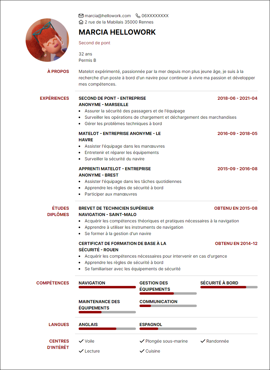 Modèle CV Matelot Exemple CV Matelot