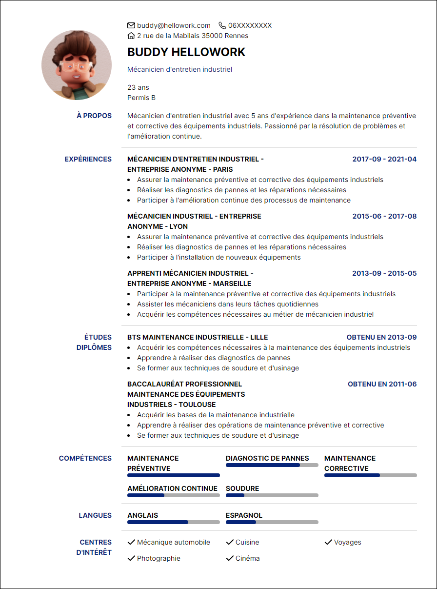 Modèle CV Mécanicien industriel Exemple CV Mécanicien industriel