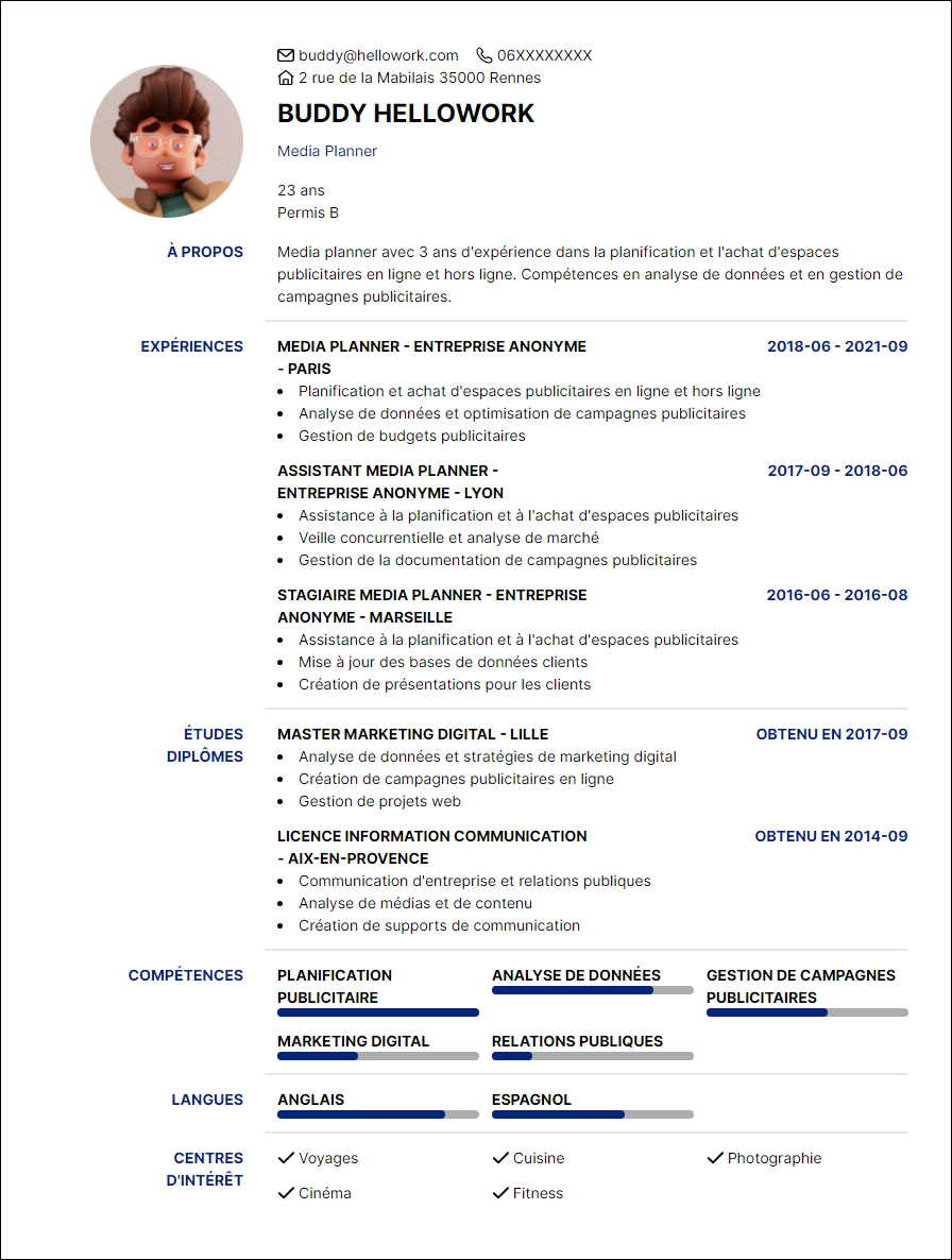 Modèle CV Media planner Exemple CV Media planner