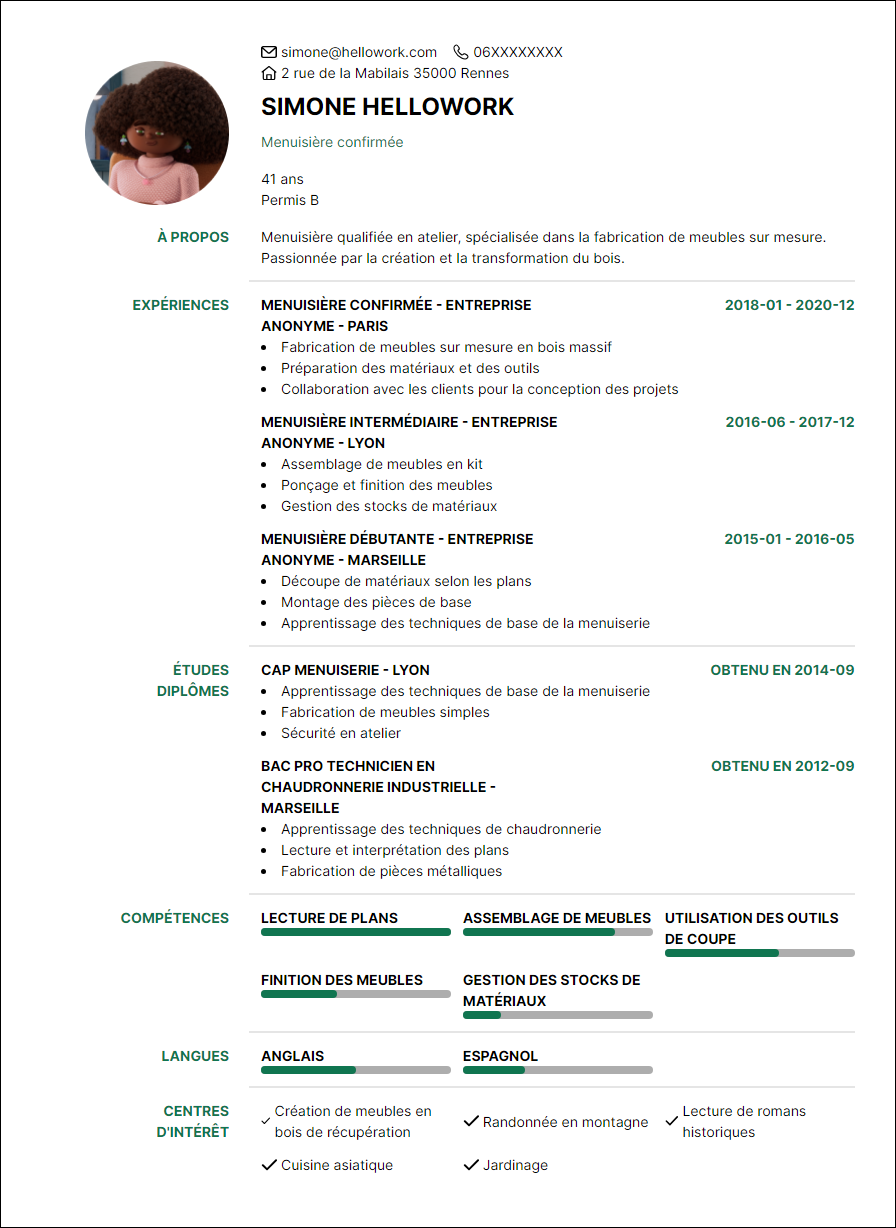 Modèle CV Menuisier atelier Exemple CV Menuisier atelier