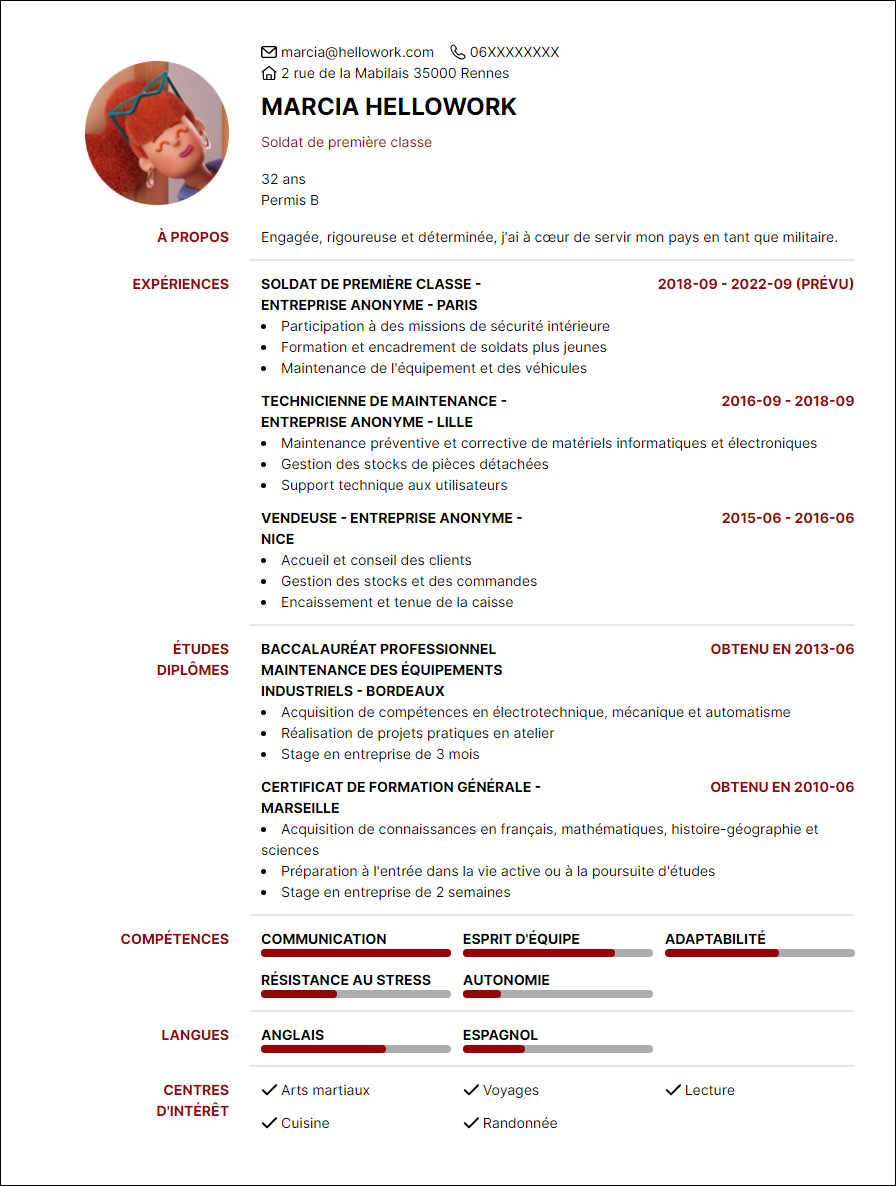 Modèle CV Militaire Exemple CV Militaire
