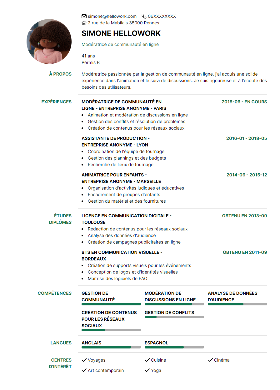 Modèle CV Modérateur Exemple CV Modérateur