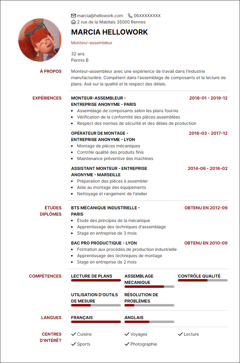 Modèle CV Monteur-assembleur Exemple CV Monteur-assembleur