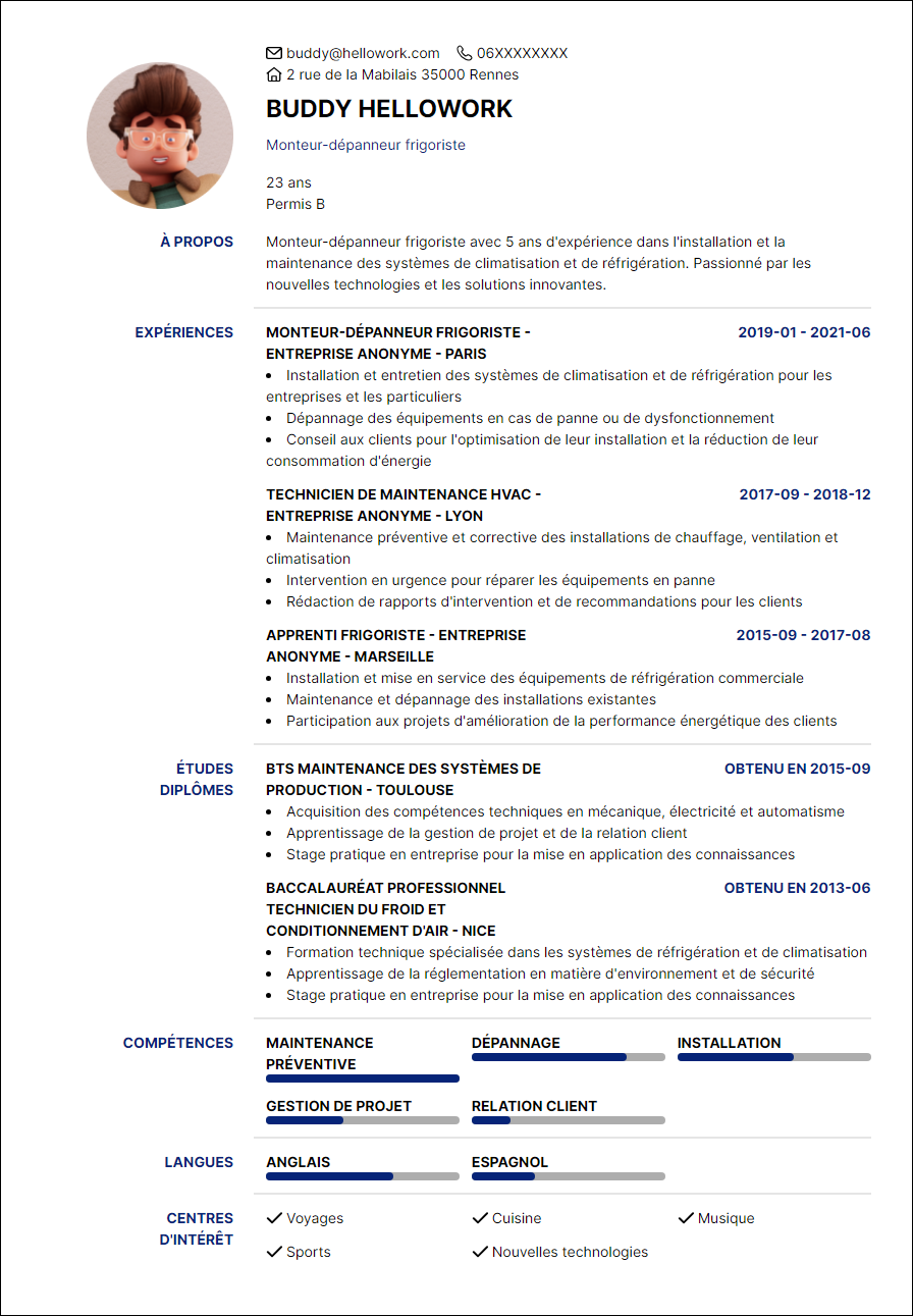 Modèle CV Monteur-dépanneur frigoriste Exemple CV Monteur-dépanneur frigoriste