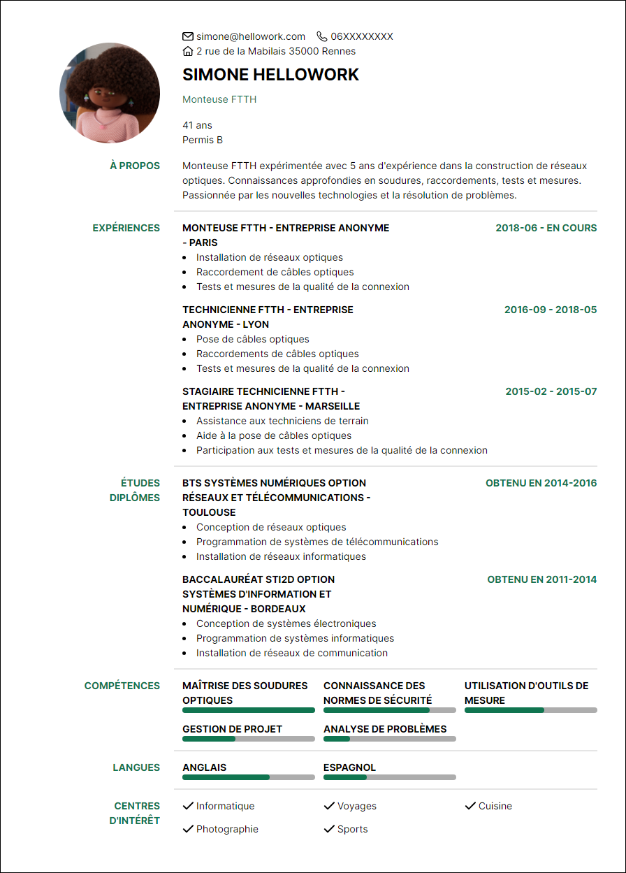 Modèle CV Technicien fibre optique Exemple CV Technicien fibre optique
