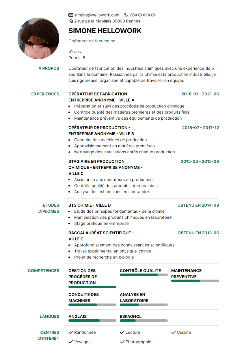 Modèle CV Opérateur chimie Exemple CV Opérateur chimie