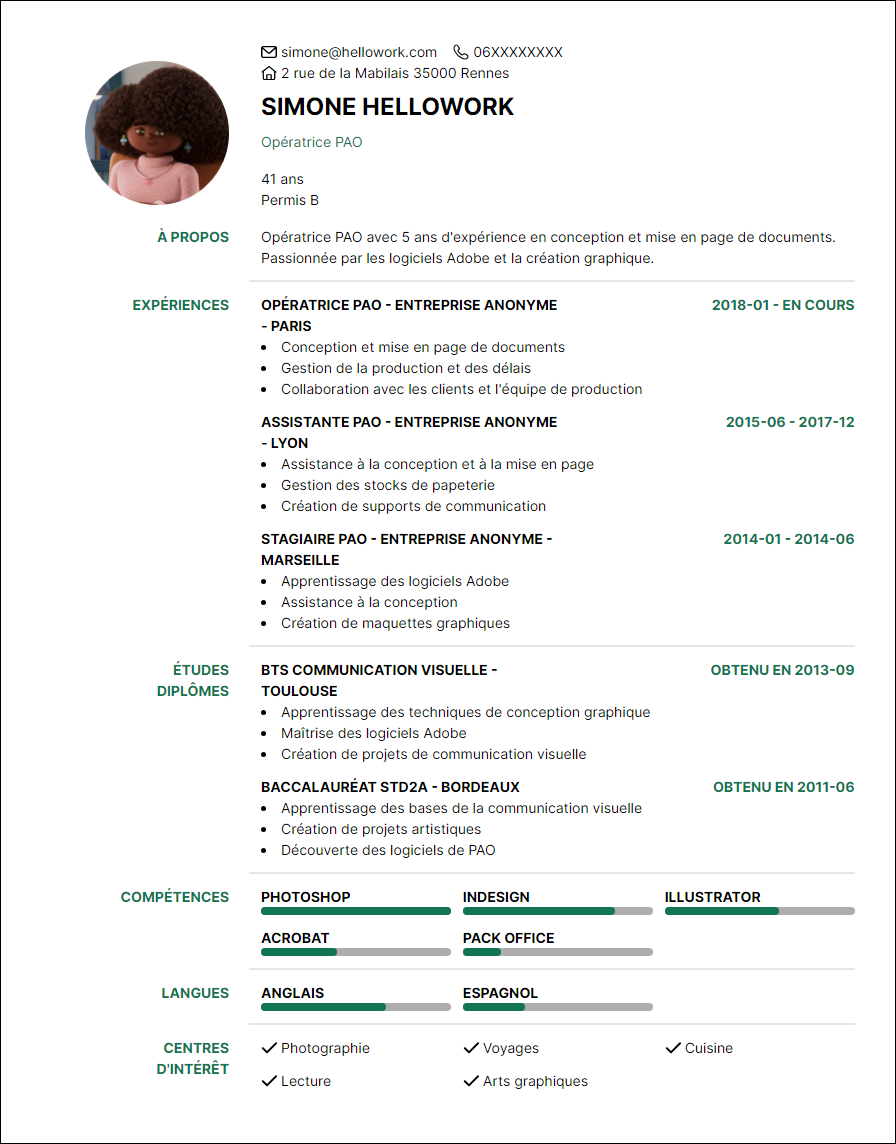 Modèle CV Opérateur PAO Exemple CV Opérateur PAO