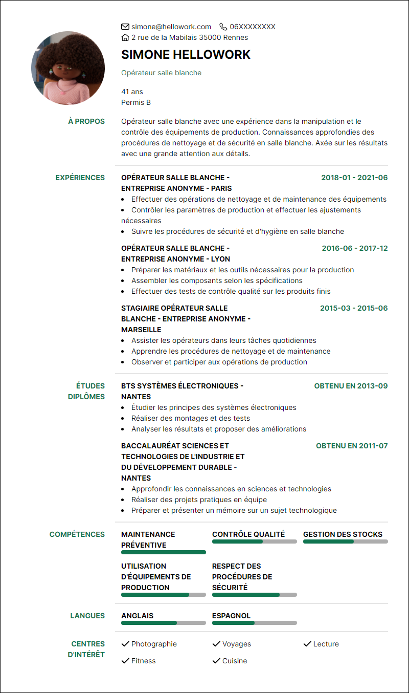 Modèle CV Opérateur salle blanche Exemple CV Opérateur salle blanche